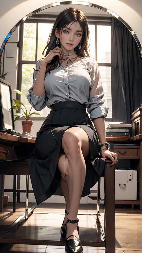 She is sitting on a chair wearing a black dress., Korean female fashion model, Transparent grey skirt, mesh shirt, Chrome Clothing, Shiny silver, It&#39;s lucky that, Big Breasts, Highest quality, masterpiece, Ultra-high resolution, Realistic,choker、Silver...