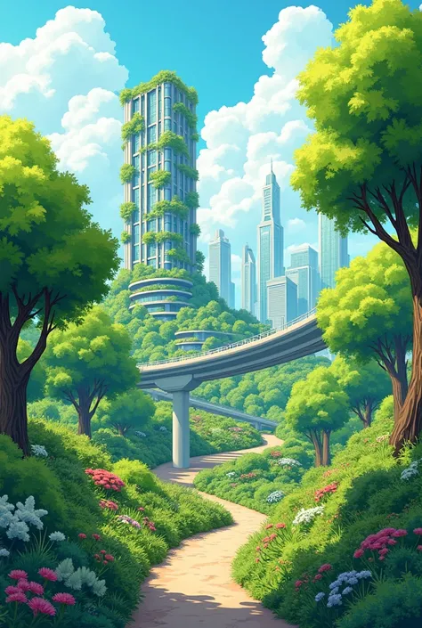 Make me an illustration of colored drawing for my project. The topic is "what you think is our future environment?" I like you to create a balanced environment where theres a trees, plants, a good environment, with a building ( with greens with it like in ...