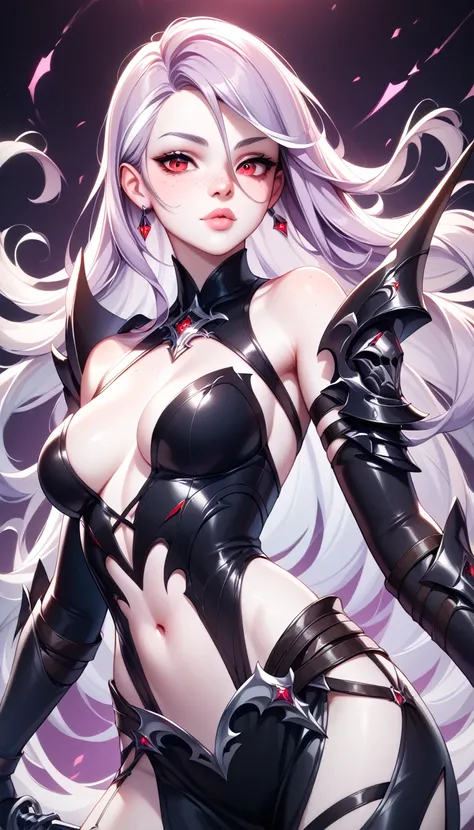 1 Girl, Medium Breasts, Light Purple Hair, Silver Highlights In The hair, Red Eyes, Nice Eyes, Long Hair Style, Freckles, Nice Lips, Nice Nose, Pale White Skin, Smooth Skin, Black Assassin Outfit, Sexy Outfit, Sexy, Shadow Neon Background 