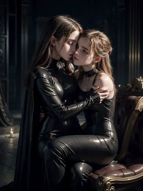 masterpiece. dark ambient. epic fantasy oil painting. teenEmma Watson hugging twin sister Emma Watson, leaning on throne. stylish, shiny translucent bodysuit. kissing. sweating. Background rain and stars.
