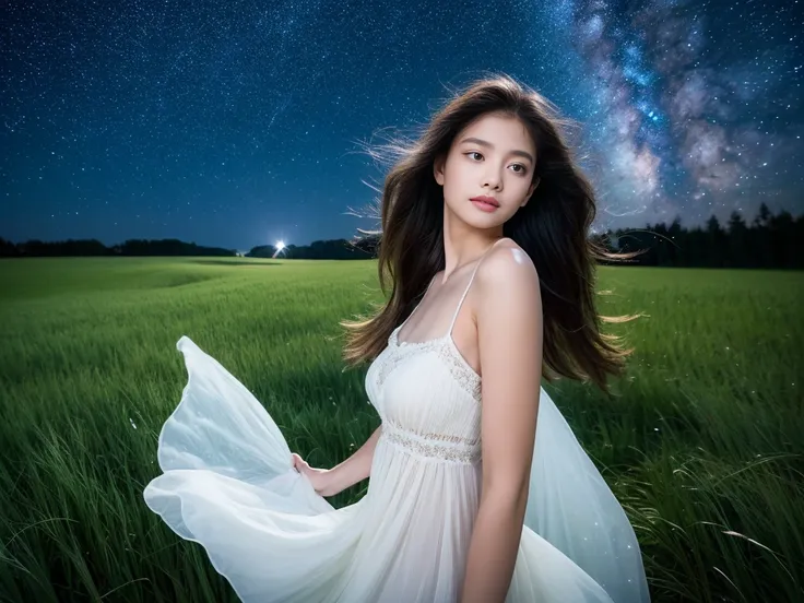 (Masterpiece), 8k、Beautiful teen girl, Hair length, Starry sky background、Beautiful face in every detail、focus on face, White see-through camisole dress, Flower Field、night、Very strong winds , (Jennie Makina) , Hight detail
