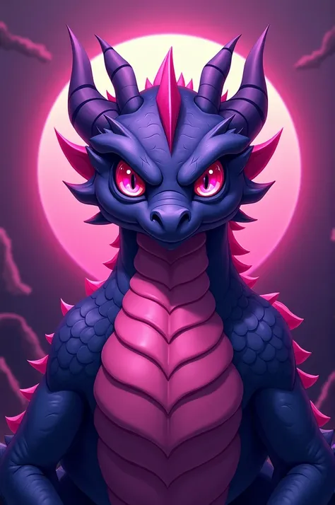 A logo of a purple dragon on the chest area with magenta eyes, a bright pink front, letters that say Lalo rose and a purple to light pink gradient anime style background.