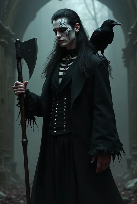 Make me a full-body man with long hair ,black clothing and white paint on the face and a raven on his shoulder and attractive and an axe