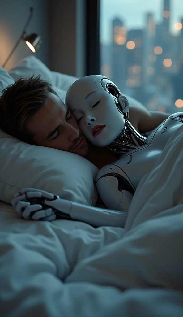 A man sleeps with a beautiful robot girl in a bedroom in the city.