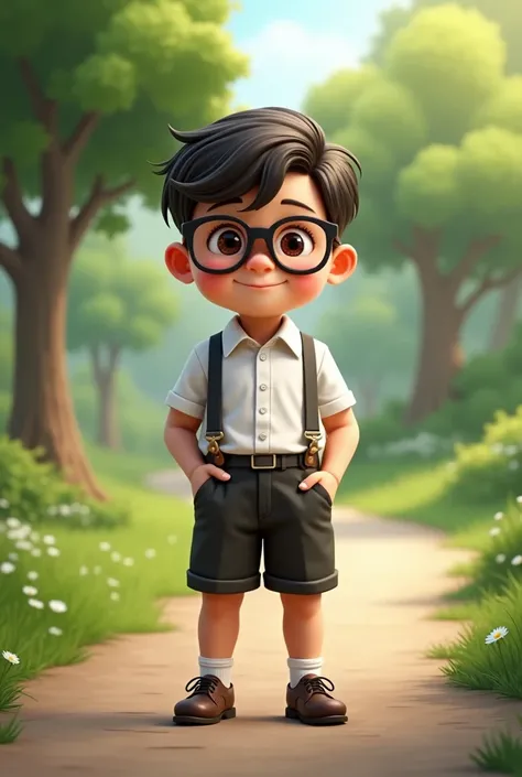 Generate an image of a child wearing a formal sports outfit with glasses in a park
