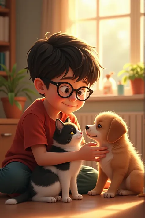 Boy with glasses taking care of a dog and cat