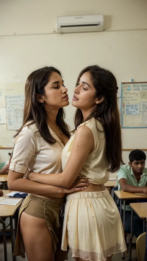 A 25 year old beautiful South Indian cream colour chiffon skirt and blouse wearing teacher kissing a 18 year old man in class room, a group of boys cheering next to them