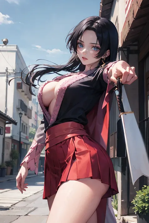 masterpiece, Best Quality, absurderes, Perfect Anatomy, Unity 8k Wallpapers,best anime,dynamic angle、action pose:chop、cowboy shot,20 year old beauty、boa hancock,black hair,long hair, ,slender body,large breasts,Turn your body to the viewer、waitress,Japanes...