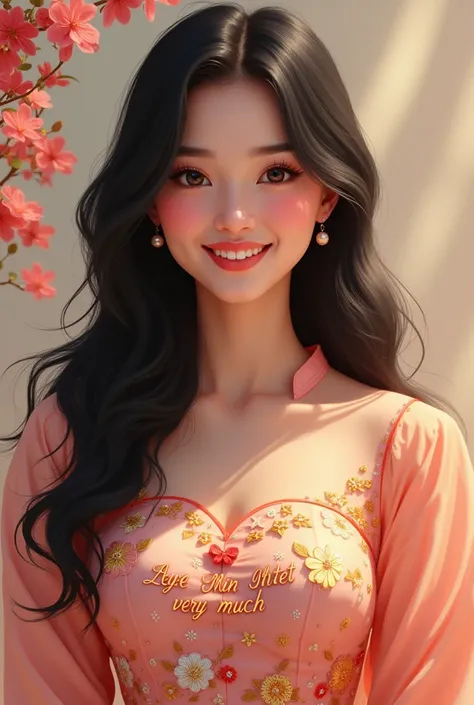 Beautiful girl with wavy long hair, asia dress, big smile, on a dress with text "I Love Aye Min Htet very much" and showing it to the viewer