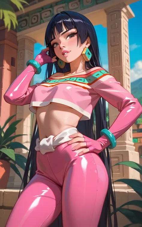 1 girl, best quality, masterpiece, Aztec temple in the background, Chel from the movie "The Road to El Dorado", detailed face, Same outfit Chel normally wears but make it all composed of pink latex, pink latex fingerless glove with long sleeves, biting bot...