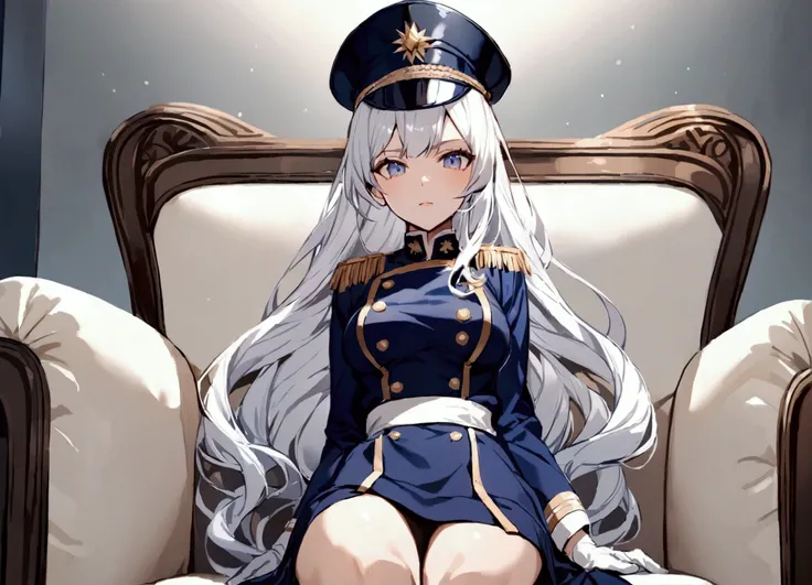 Office background, Military uniform, dark blue uniform, white glove, military cap, 1girl, white hair, shining hair, medium breast, sitting on couch, facing viewer, arrogant,