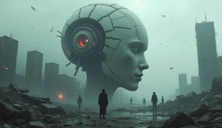 A dark, dystopian scene with a massive, cracked AI robot head lying in ruins amidst a desolate landscape of broken data servers and shattered computer screens. In the background, the faint silhouettes of business leaders with blindfolds stand helplessly, s...