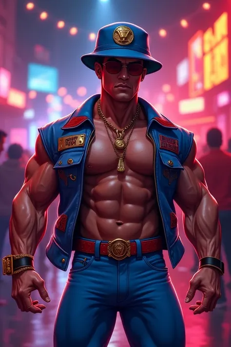 ai art image name "alan ritchson action picture big muscles"  rap style beautiful blue pants red details and same color upper body in stylish hat with text "versace logo image, lv sticker", 3d gold font chibi hermosa in fashionable clothes beautiful and st...