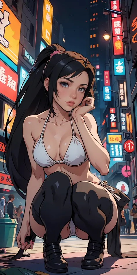 Mature woman in bikini,Black Hair,Long Hair,Long ponytail,Woman squatting.,, Cyberpunk art inspired by Masamune Shirow, Pixiv Topics, graffiti, Fascinating anime, Wearing white stockings, 美しくFascinating animeのティーン, 美しくFascinating anime女性, Very exquisite wo...