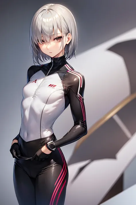 masterpiece, best quality,anime style, 1 girl,(((slender body))), (((small eyes))),(((athlete suit))), (beautiful face), (((short hair))), (((straight hair))), ((((silver hair)))),detailed beautiful skin, (perfect hands, perfect anatomy),scream