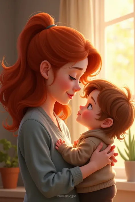 a child with brown hair with a red-haired woman