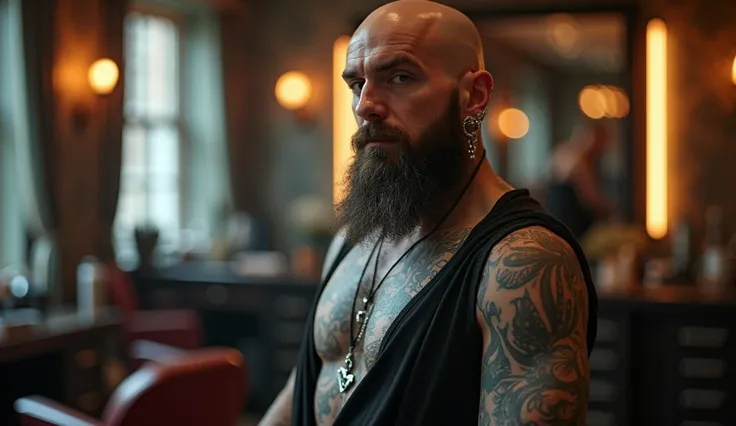 GENERATE IMAGE/Photo, Ultrarealistic, 1792x1024:

a heavily tattooed and pierced barber in an empty luxury barber shop room, Very charismatic, externally interesting, 190 cm tall, 49 years old, Russian

Style:
modern and atmospheric, with an emphasis on de...