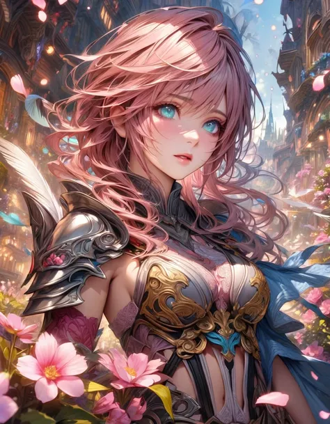 Ultra detailed, highres, absurdres, HDR, master piece, Claire Farron, wavy pink short hair, expressive pale aqua eyes, silver armor, silver and black gloves, Valkyrie armor, Lightning Farron, Final Fantasy XIII-2, pink flowers, petals, fireflies, woman, so...