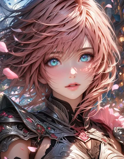 Ultra detailed, highres, absurdres, HDR, master piece, Claire Farron, wavy pink short hair, expressive pale aqua eyes, silver armor, silver and black gloves, Valkyrie armor, Lightning Farron, Final Fantasy XIII-2, pink flowers, petals, fireflies, woman, so...