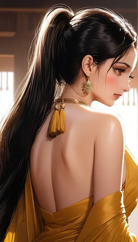 1girl, sridevi kapoor, 28 years old, provocative yellow saree, deep french kissing, sex, ugly bald old man, embracing, big ass, braless, backless, tassel earrings, long hair ponytail, saggy breasts, photorealistic, highly detailed, cinematic lighting, dram...