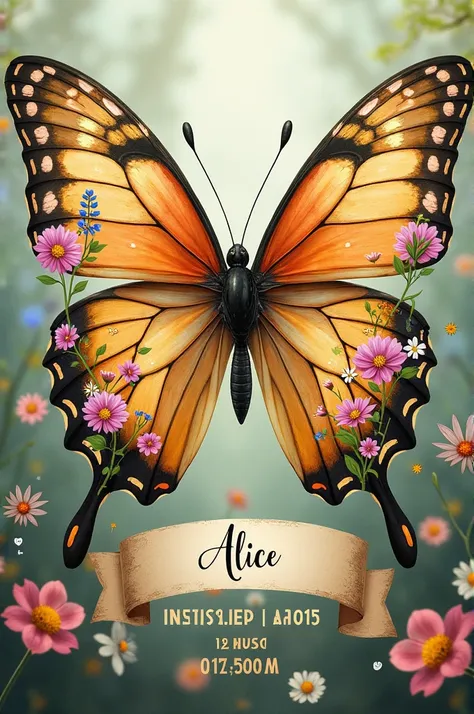 butterfly with elaborate wings, where each wing is filled with different kinds of flowers, representing beauty and growth. 

On the butterfly’s body, You can include the name "Alice" in a delicate font. Below the butterfly, you can have the information in ...