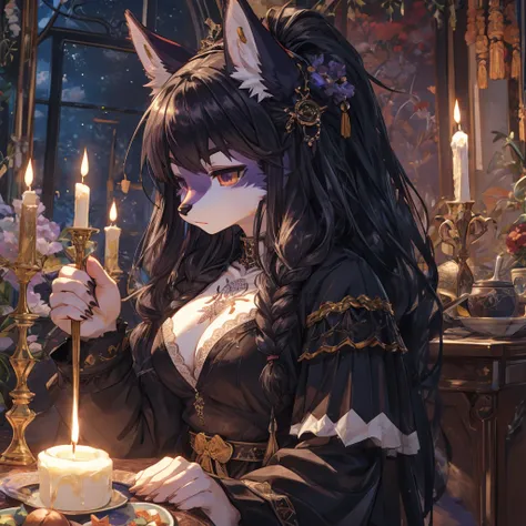 Masterpiece, High quality, High quality of art, best quality, best details, anime artstyle, ultra detailed, Tall, girl, black and dark purple fur, big ass, disgruntled look, long hair, gothic clothing, piercing, chest tattoo, black and purple fur, Curvaceo...