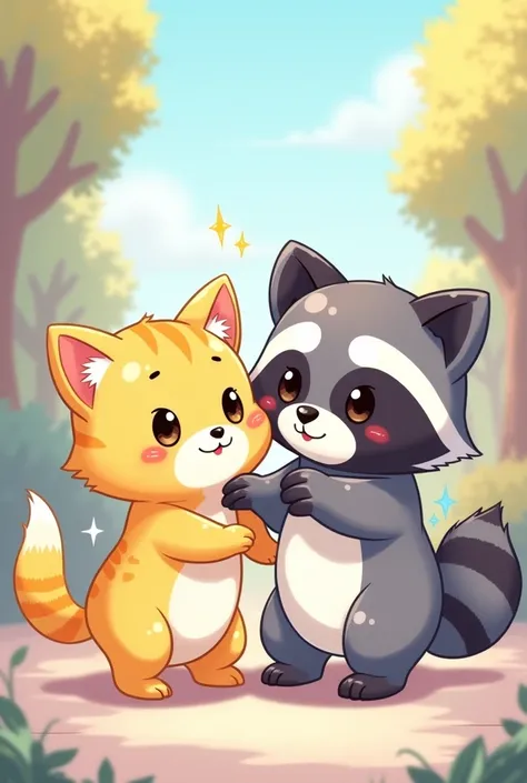 A chibi anime cartoon drawing of a yellow kitten with elongated eyes and a gray raccoon with thick eyebrows 