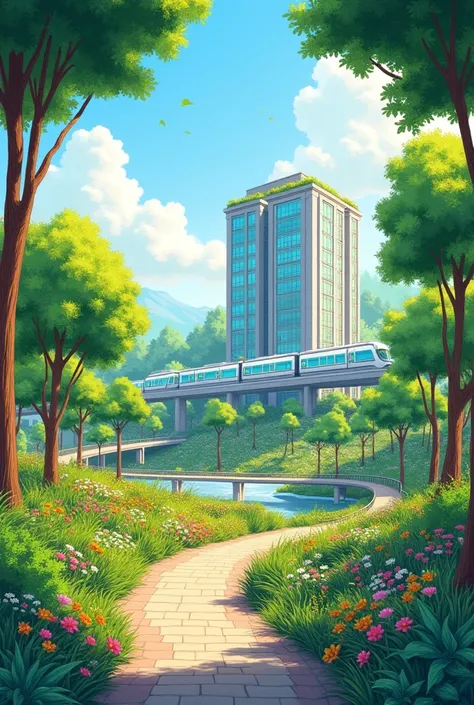 Make me an illustration of colored drawing for my project. The topic is "what you think is our future environment?" I like you to create a balanced environment where theres a trees, plants, a good environment, with a building, roads, a sustainable transpor...