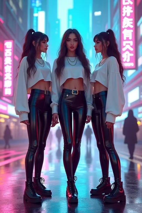 3 girls with latex leggings and oversized white Top