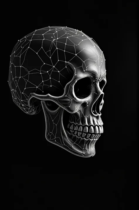 Create a skull with thin white lines and the skull black on a black background