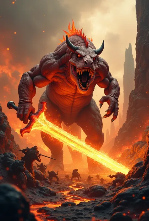 Generate a dinosaur berserker, orange in color, wielding an orange fire sword in a lava ecosystem fighting against orcs.