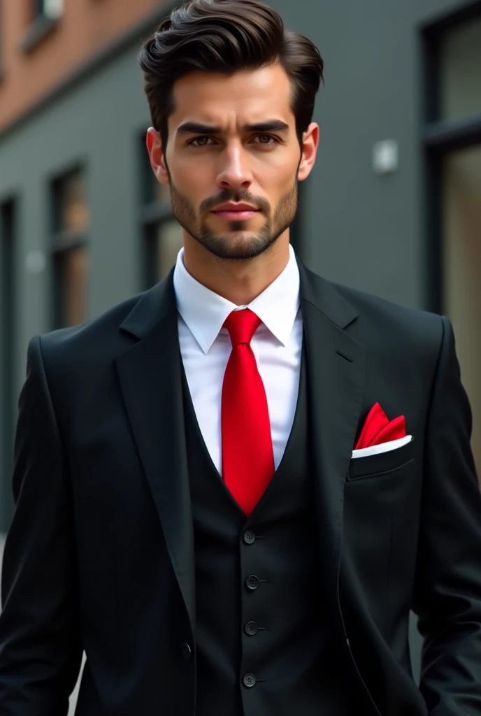 Young man in a black three-piece suit, white shirt, red tie 