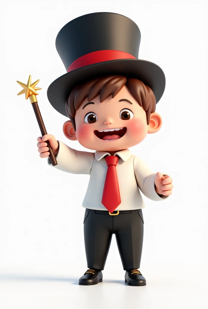 A happy and cute person with short brown hair, wearing a magicians outfit consisting of a white shirt, a red tie, a pair of black pants, shoes black, a black top hat with a red band on his head and a magic wand in his hand, white background, Pixar-style, 3...