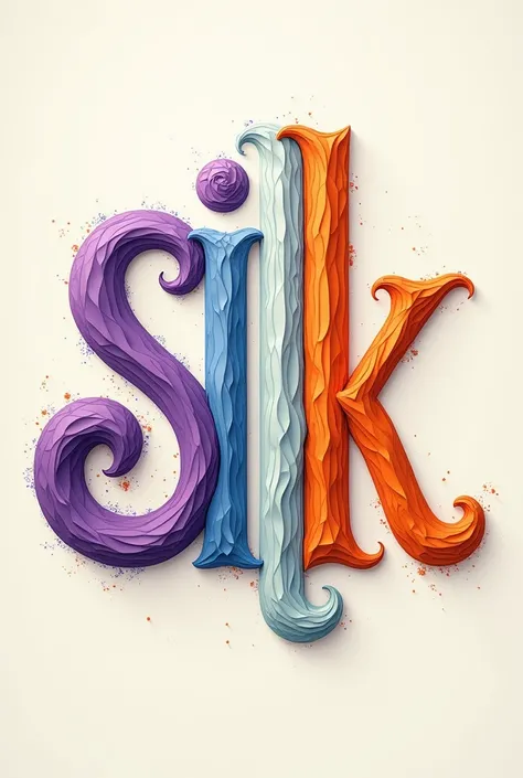 Detailed letters that say silk with different styles, the s in white, the e in purple, the d in light blue, and the a in orange 