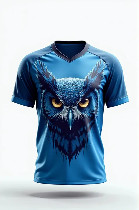 a football team shirt, white background, blue and white color, with intimidating owl print 