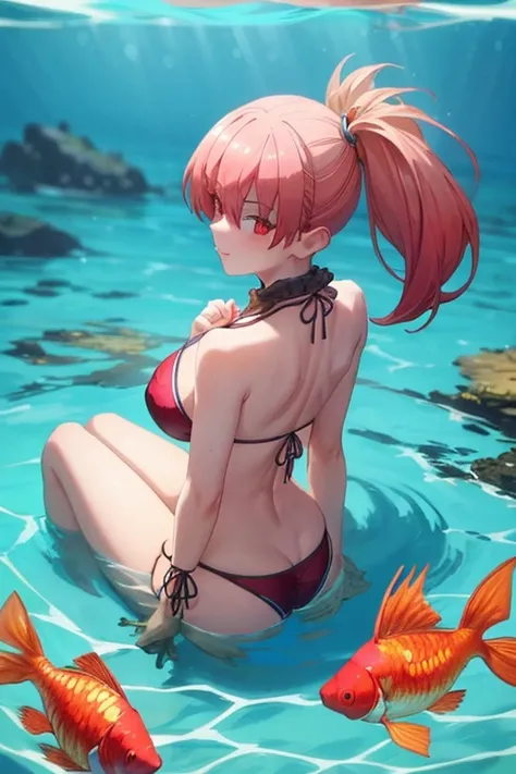 A busty woman in a bikini on a beach submerged in water, observing a beautiful goldfish