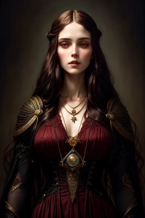 a woman with long hair and a necklace in her hand, tom bagshaw artstyle, tom bagshaw portrait, tom bagshaw style, in the art style of bowater, dark fantasy portrait, artstyle tom bagshaw, fantasy victorian art, elegant victorian vampire, stunning digital i...