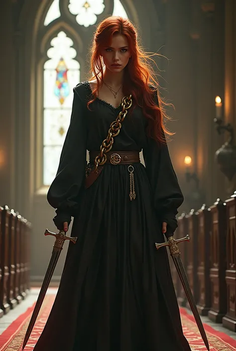 A woman with two daggers at her waist, wearing a long skirt in a church-like style, with red hair, a piercing gaze, a wooden cross on her back, and a gold chain on her left shoulder that goes from her shoulder to her waist 