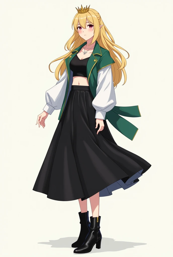 Crown golden hair black skirt black cropped top with a white and green blouse on top black boots 