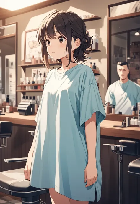 Illustration, Anime, Barber shop, Bored, unkempt hair, oversized shirt, tired, one girl