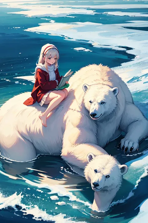 polar bear protecting a girl reading a book