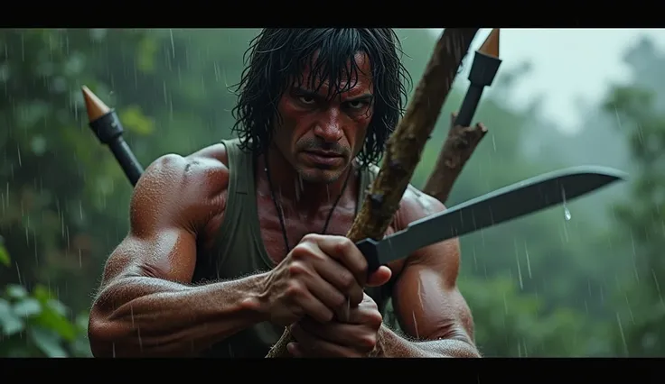 Rambo, his eyes bloodshot with rage, was using a knife to whittle a tree branch into a bow, as a light rain fell.