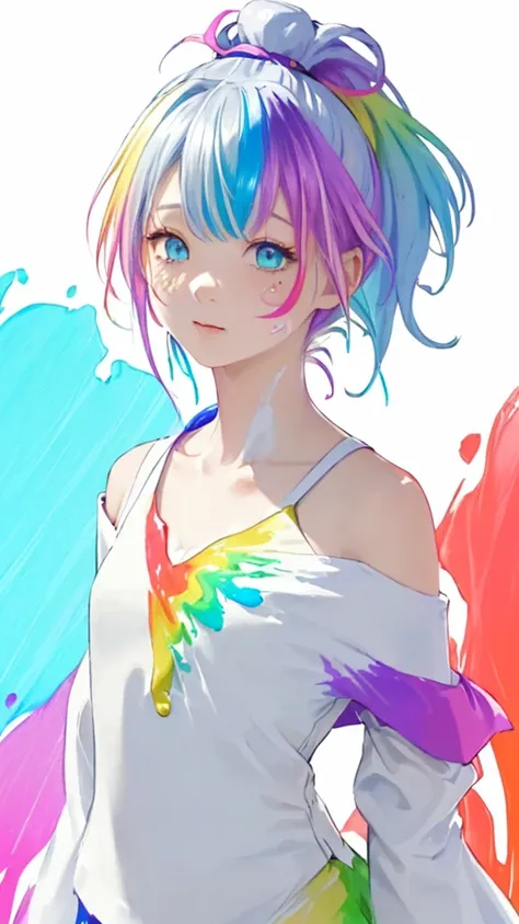 （pink fashion t-shirt：1.9），(colorfulな髪: 1.8), (all the colors of the rainbow: 1.8),(((((vertical painting：1.6))), （painting：1.6）...