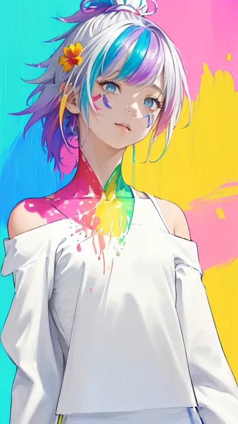 （Pink Fashion T-Shirt：1.9），(colorfulな髪: 1.8), (All the colors of the rainbow: 1.8),(((((vertical painting：1.6))), （painting：1.6），front, comics, shapes, paintings, Big eyes, Clear Eyes,（ Rainbow gradient high ponytail：1.7）, Exquisite makeup, Mouth closed,(S...