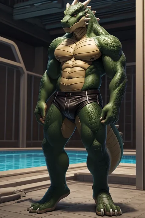 ((( masterpiece, Highest quality, High resolution, Deeply drawn boundaries, 8k, Super detailed))), ((Detailed face:1.2, Detailed eyes)), Lizardman, male , (slim), (Wet swimming hot pants), Full body view, (belly scales), Standing with legs apart, Slit pupi...