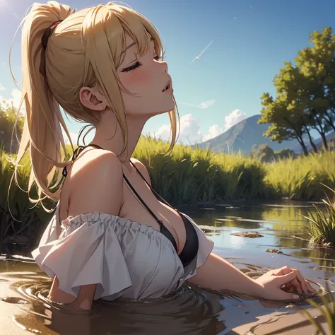 1girl, solo:1.5, masterpiece, best quality, high res, highly detailed, (illustration), beautiful detailed eyes, yuigahama yui, blonde hair ponytail, glossy lips, light makeup, orgasm, (looking up to the sky:1.5), (mouth open:1.2), intimate moment, wearing ...