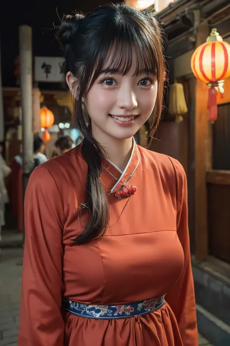 (8k, RAW Photos,Highest quality, High resolution:1.1), (Ultra-realistic:1.4),(Realistic, Realistic:1.3),The Beauty of Japan、((smile:1.3))、Yokohama(Chinatown:1.4)、China dress、Bun twin tail