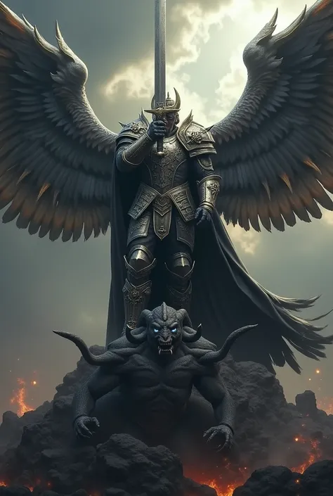 
Imagine San Miguel with armor, a sword, and a demon under his foot. The background is dark, hyperrealistic clouds and real wings with beautiful feathers. 