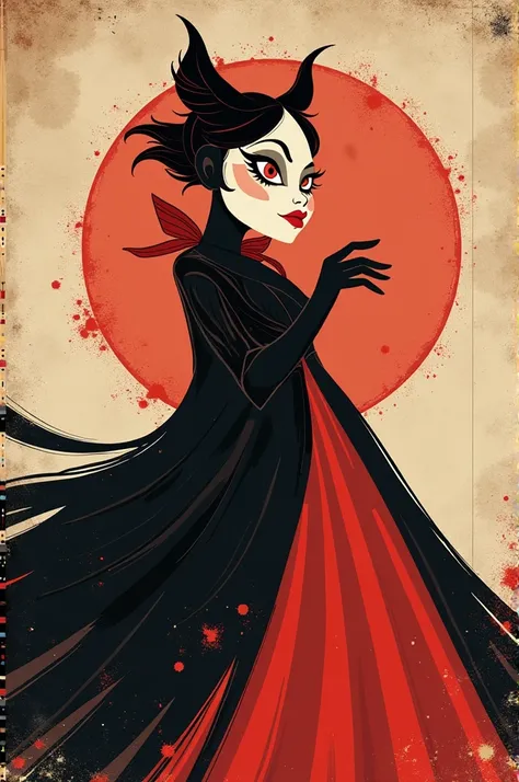 Cruella de Vil, flat illustration, with a collage style background, beautiful and romantic style, impactful