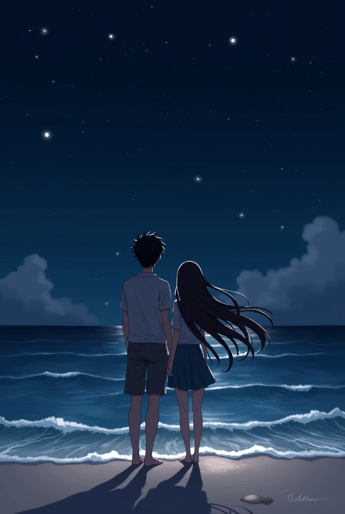 A brunette girl with a black-haired boy, in a beach landscape at night 